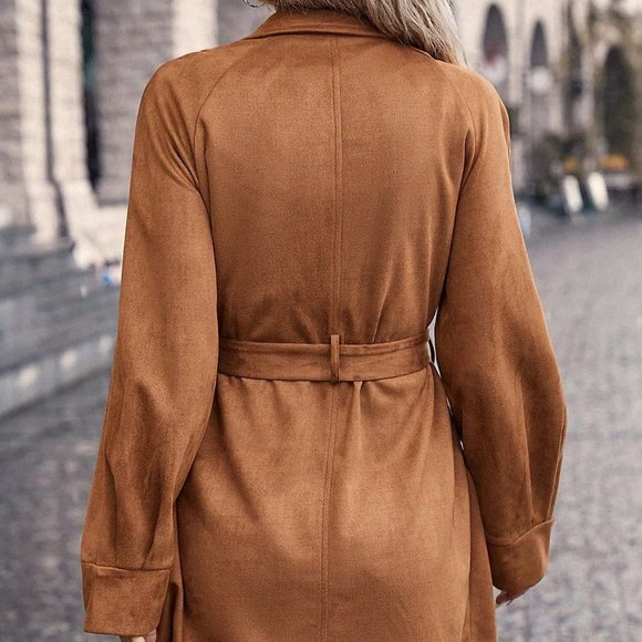 Brown Casual womens Flap Pocket Belted Suedette Coat - Picture 2 of 5